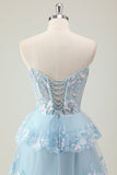 Glitter Blauw A Line Strapless Pailletten Corset Gelaagde Lange Galajurk