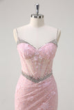 Roze zeemeermin Spaghetti bandjes pailletten Floral Corset Prom jurk met kralen