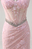 Roze zeemeermin Spaghetti bandjes pailletten Floral Corset Prom jurk met kralen