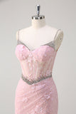 Roze zeemeermin Spaghetti bandjes pailletten Floral Corset Prom jurk met kralen