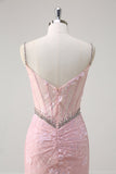 Roze zeemeermin Spaghetti bandjes pailletten Floral Corset Prom jurk met kralen