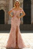 Off-the-shoulder meermin blush lange baljurk met split en 3D-bloemen