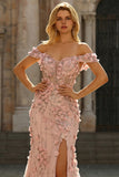 Off-the-shoulder meermin blush lange baljurk met split en 3D-bloemen