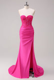 Korset Fuchsia Zeemeermin Strapless Ruched Corset Lange Galajurk met Split