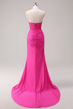 Zeemeermin stoffen Strapless korset lange fuchsia galajurk met split