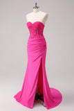 Korset Fuchsia Zeemeermin Strapless Ruched Corset Lange Galajurk met Split