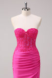 Korset Fuchsia Zeemeermin Strapless Ruched Corset Lange Galajurk met Split