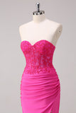 Korset Fuchsia Zeemeermin Strapless Ruched Corset Lange Galajurk met Split