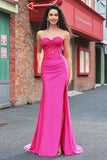 Zeemeermin stoffen Strapless korset lange fuchsia galajurk met split