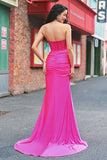 Zeemeermin stoffen Strapless korset lange fuchsia galajurk met split