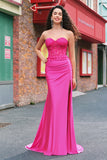 Zeemeermin stoffen Strapless korset lange fuchsia galajurk met split