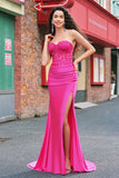 Zeemeermin stoffen Strapless korset lange fuchsia galajurk met split