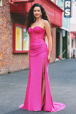 Zeemeermin stoffen Strapless korset lange fuchsia galajurk met split