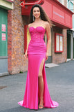 Zeemeermin stoffen Strapless korset lange fuchsia galajurk met split