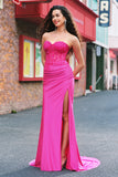 Zeemeermin stoffen Strapless korset lange fuchsia galajurk met split