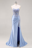 Donkergroene strapless zeemeermin pailletten lange plusmaat galajurk met split