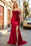 Donkergroene strapless zeemeermin pailletten lange plusmaat galajurk met split