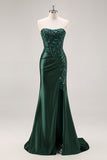 Donkergroene strapless zeemeermin pailletten lange plusmaat galajurk met split