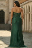 Donkergroene strapless zeemeermin pailletten lange plusmaat galajurk met split