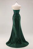Donkergroene strapless zeemeermin pailletten lange plusmaat galajurk met split
