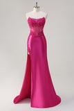 Sprankelende Fuchsia zeemeermin strapless korset appliques lange galajurk met split