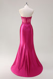 Sprankelende Fuchsia zeemeermin strapless korset appliques lange galajurk met split