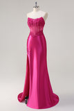 Sprankelende Fuchsia zeemeermin strapless korset appliques lange galajurk met split