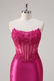 Sprankelende Fuchsia zeemeermin strapless korset appliques lange galajurk met split