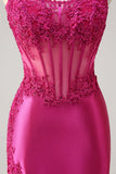 Sprankelende Fuchsia zeemeermin strapless korset appliques lange galajurk met split