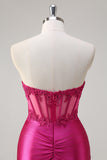 Sprankelende Fuchsia zeemeermin strapless korset appliques lange galajurk met split