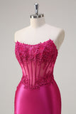 Sprankelende Fuchsia zeemeermin strapless korset appliques lange galajurk met split