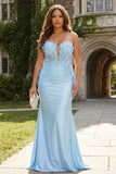 Hemelsblauwe zeemeermin strapless pailletten galajurk met appliques