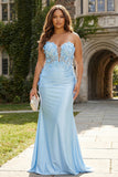 Strapless zeemeermin hemelsblauwe satijnen plusmaat lange galajurk met 3D bloemen