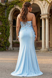 Strapless zeemeermin hemelsblauwe satijnen plusmaat lange galajurk met 3D bloemen