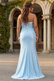Hemelsblauwe zeemeermin strapless pailletten galajurk met appliques