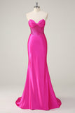 Fuchsia zeemeermin strapless korset galajurk