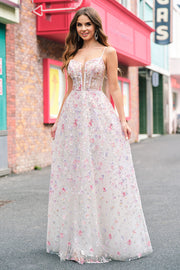 Stijlvolle roze A-lijn spaghettibandjes Floral Beaded Prom Dress met Lace Up Back