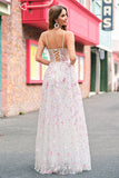 Stijlvolle roze A-lijn spaghettibandjes Floral Beaded Prom Dress met Lace Up Back