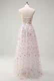 Stijlvolle roze A-lijn spaghettibandjes Floral Beaded Prom Dress met Lace Up Back