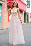 Stijlvolle roze A-lijn spaghettibandjes Floral Beaded Prom Dress met Lace Up Back