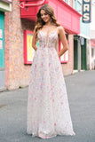 Stijlvolle roze A-lijn spaghettibandjes Floral Beaded Prom Dress met Lace Up Back