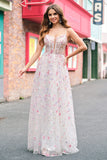 Stijlvolle roze A-lijn spaghettibandjes Floral Beaded Prom Dress met Lace Up Back