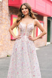 Stijlvolle roze A-lijn spaghettibandjes Floral Beaded Prom Dress met Lace Up Back