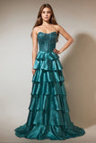 Gelaagde ruches Peacock Green strapless lange galajurk met kralen