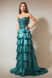 Gelaagde ruches Peacock Green strapless lange galajurk met kralen