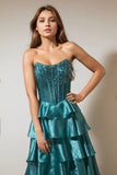 Gelaagde ruches Peacock Green strapless lange galajurk met kralen