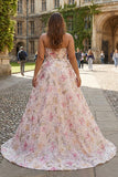 Sprankelende roze A-lijn strapless pailletten bloemen lange galajurk