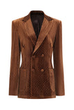 Coffee Dots Fluwelen Peak Revers Blazer met dubbele rij knopen