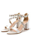 Strass Witte Chunky Sandalen met Hoge Hak