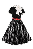 A Line Zwarte Polka Dots Korte Mouwen 1950 Jurk met Riem